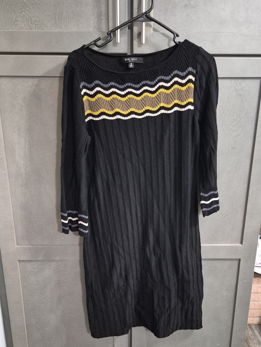 Nine West Black  3/4-Sleeve Chevorn Knit Sweater Dress